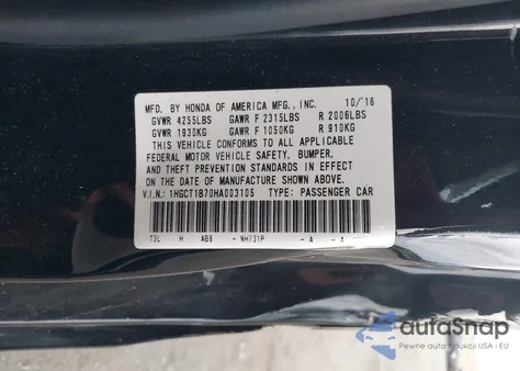 2017 Honda Accord Ex z USA, uszkodzony, nr VIN 1HGCT1B70HA003105